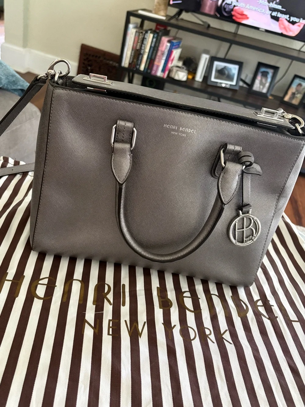 henri bendel Metallic Gray Leather Satchel with Logo Charm